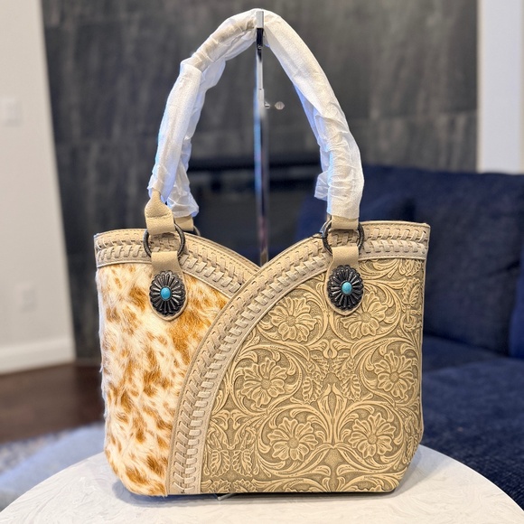 Montana West Handbags - Montana West Tooled & Cowhide Whipstitch Tote Bag Tan